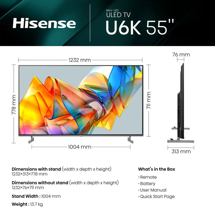 Hisense 55U6KQTUK 55 Smart 4K Ultra HD HDR Mini-LED TV with Amazon Alexa Hisense