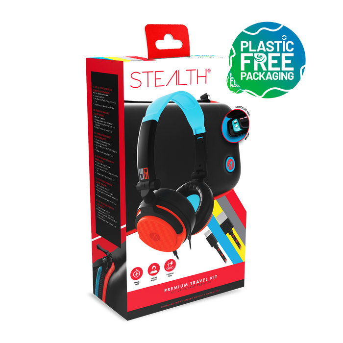 Stealth Premium Travel Kit for Nintendo Switch, Switch Lite & OLED - Gaming Headset, Braided Cable & Travel Case - Neon Red and Blue Stealth