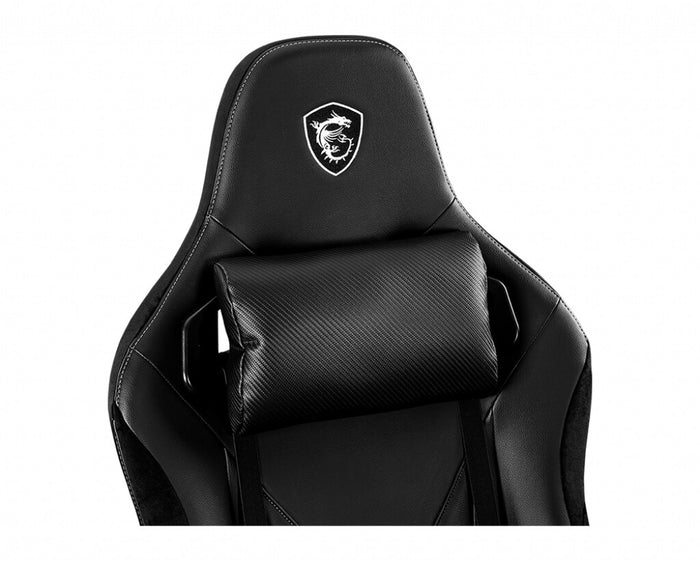 MSI MAG CH130X Gaming Chair Black with carbon fiber design with velvet trim, Carbon steel frame, Reclinable backrest, Adjustable 2D Armrests, foam, Ergonomic headrest pillow, Lumbar support cushion