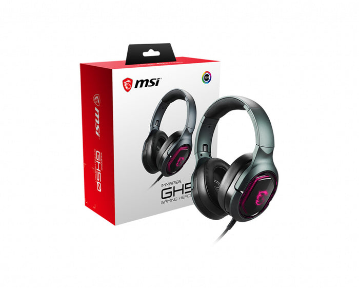 MSI IMMERSE GH50 7.1 Virtual Surround Sound RGB Gaming Headset Black with Ambient Dragon Logo, RGB Mystic Light, USB, inline audio controller, 40mm Drivers, detachable Mic MSI