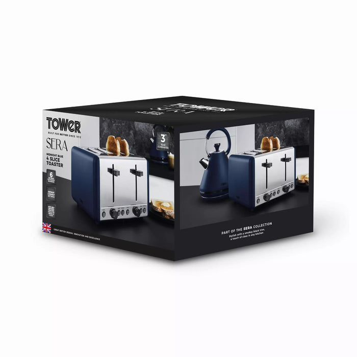 Tower Sera 4 Slice Toaster With Smoked Chrome Trim Midnight Blue