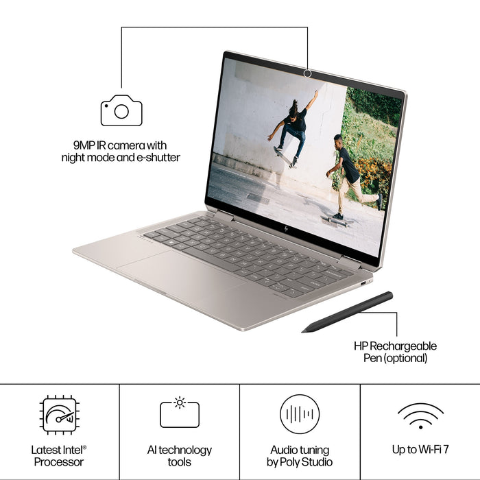 HP Spectre x360 14-eu0004na Intel Core Ultra 7 155H Hybrid (2-in-1) 35.6 cm (14) Touchscreen 3K 16 GB LPDDR5x-SDRAM 1 TB SSD Wi-Fi 7 (802.11be) Windows 11 Home Black