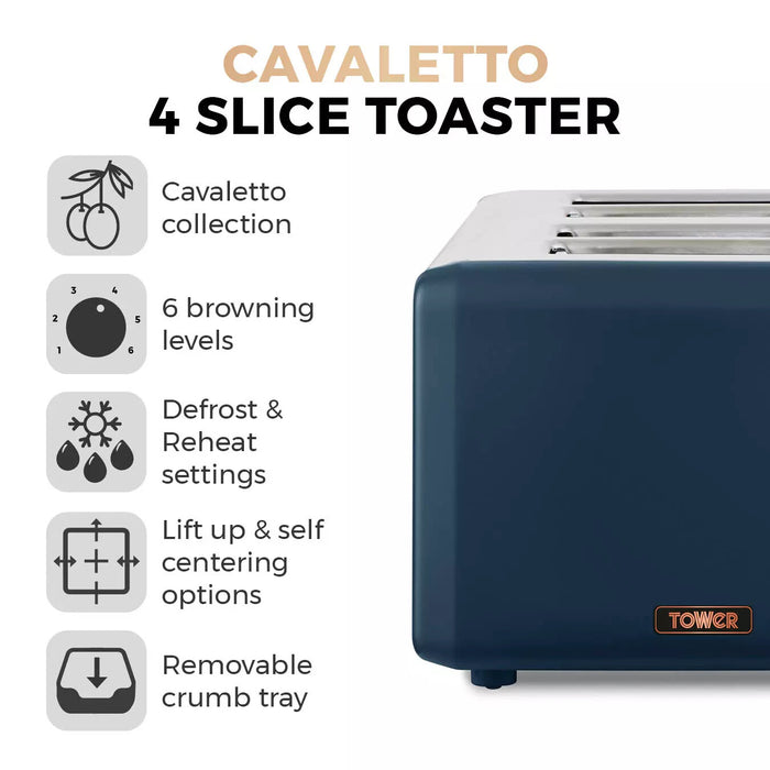 Tower Cavaletto 4 Slice Stainless Steel Toaster Midnight Blue