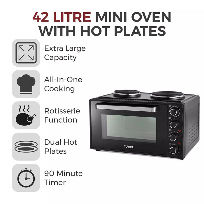 Tower 42 Litre Mini Oven with Hot Plates - Black