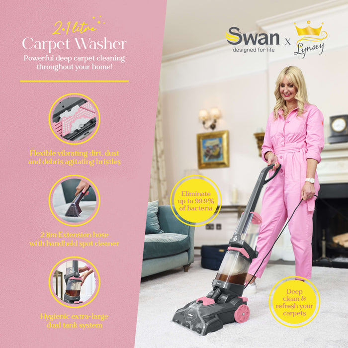 Swan SC17321QOC Carpet washer 2.1 L clean water tank 1.6 L dirty water tank 6 m power cord Pink