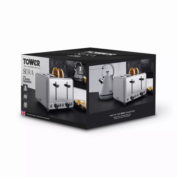 Tower Sera 4 Slice Toaster With Smoked Chrome Trim Grey