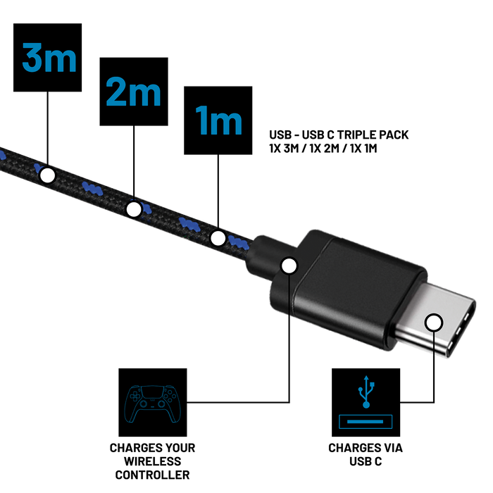 Stealth SP-C30 V Superfast Play & Charge Cables for PS5 - Triple Pack Stealth
