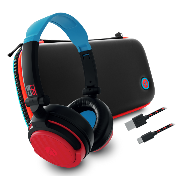 Stealth Premium Travel Kit for Nintendo Switch, Switch Lite & OLED - Gaming Headset, Braided Cable & Travel Case - Neon Red and Blue Stealth