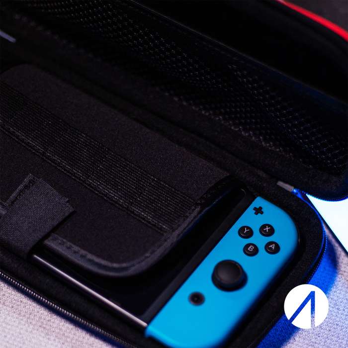 Stealth Hard-Shell Premium Travel Case for Nintendo Switch, Switch Lite & Switch OLED - Neon Red and Blue Stealth