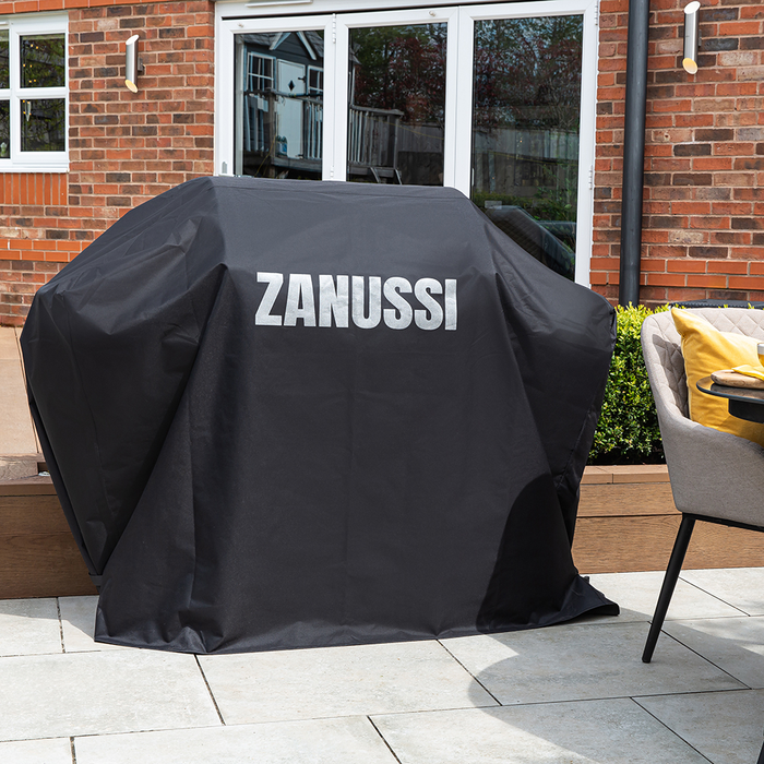 Zanussi ZGBBQ4B01-C 4-Burner Gas BBQ with Side Burner and Cover in Black and Stainless Steel