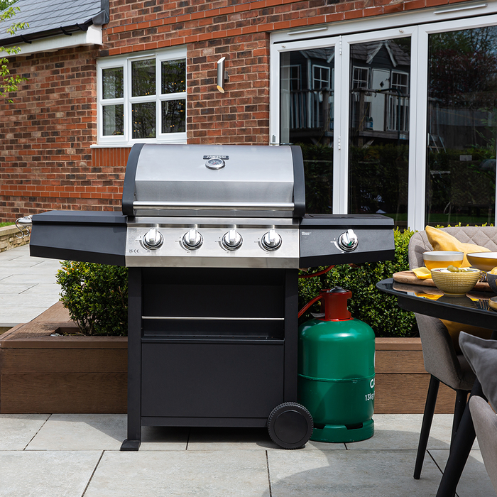 Zanussi ZGBBQ4B01-C 4-Burner Gas BBQ with Side Burner and Cover in Black and Stainless Steel