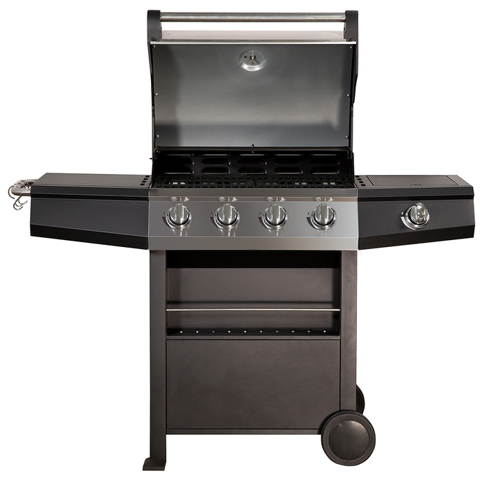 Zanussi ZGBBQ4B01-C 4-Burner Gas BBQ with Side Burner and Cover in Black and Stainless Steel