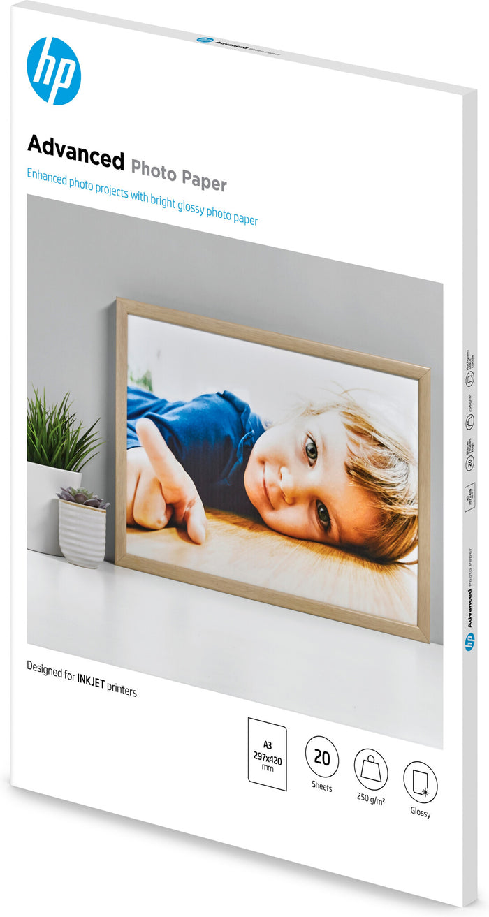 HP Advanced Photo Paper, Glossy, 250 g/m2, A3 (297 x 420 mm), 20 sheets