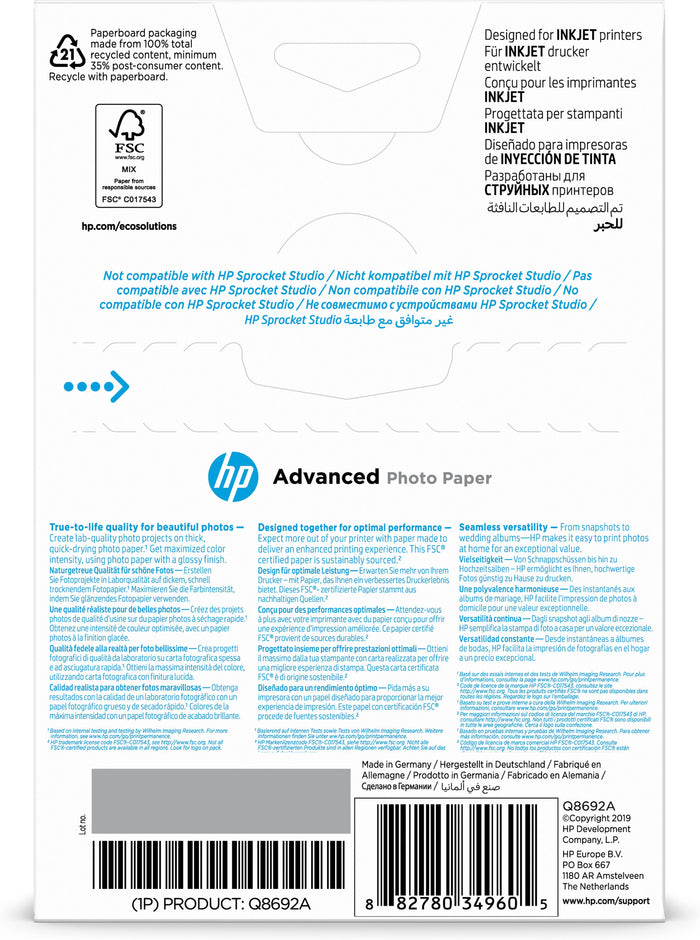 HP Advanced Photo Paper, Glossy, 250 g/m2, 10 x 15 cm (101 x 152 mm), 100 sheets