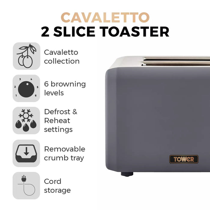 Tower Cavaletto 2 Slice Stainless Steel Toaster Grey