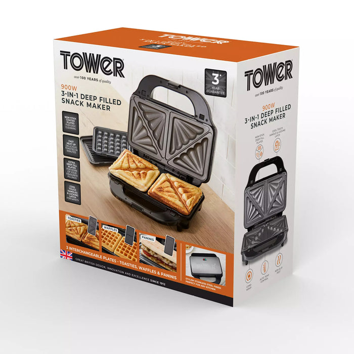 Tower 3 in 1 Deep Filled Sandwich Maker 900W - Stainless steel