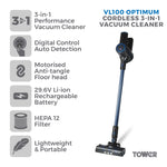 Tower T513012AT stick vacuum/electric broom Battery Dry HEPA Bagless 1 L 120 W Black, Blue