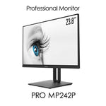 MSI Pro MP242P 23.8 Inch Monitor with Adjustable Stand, Full HD (1920 x 1080), 75Hz, IPS, 5ms, HDMI, VGA, Built-in Speakers, Anti-Glare, Anti-Flicker, Less Blue light, TÜV Certified, VESA, Kensington, Black