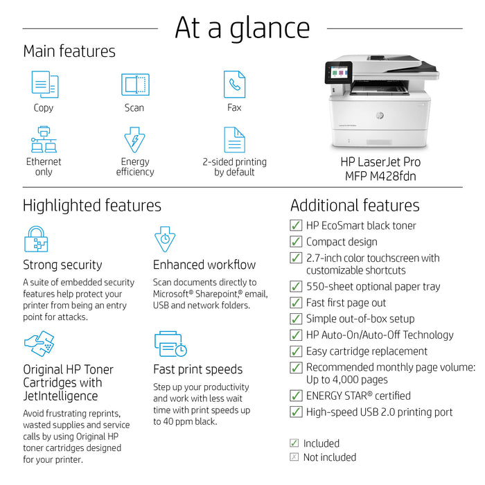 HP LaserJet Pro MFP M428fdn, Black and white, Printer for Business, Print, Copy, Scan, Fax, Email, Scan to email; Two-sided scanning