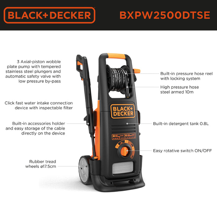 Black & Decker BXPW2500DTS-E pressure washer Compact 850 l/h 2500 W Black, Orange Black + Decker