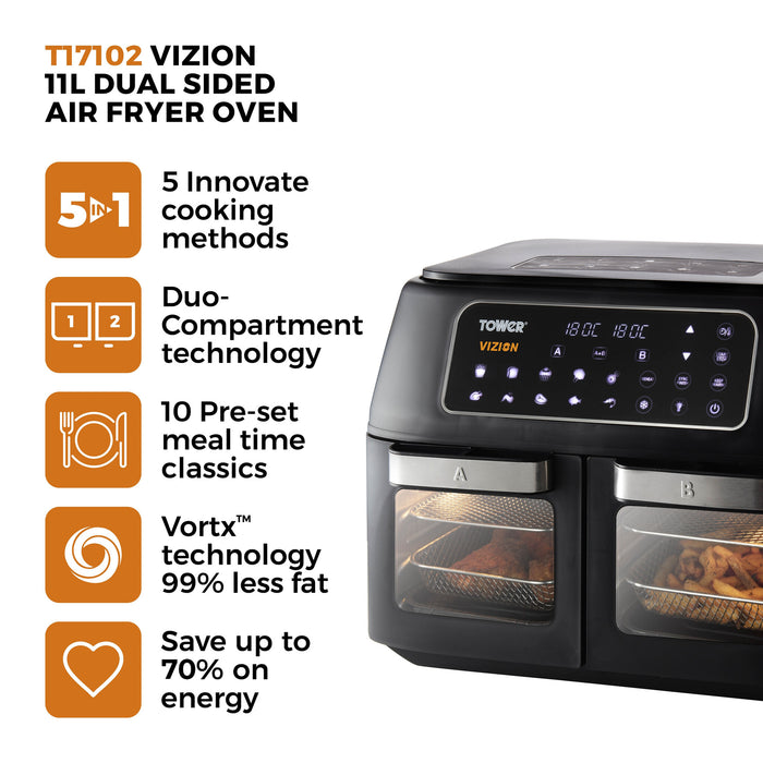 Tower Vortx Vizion 11L Double Stand-alone 2400 W Hot air fryer Black Tower
