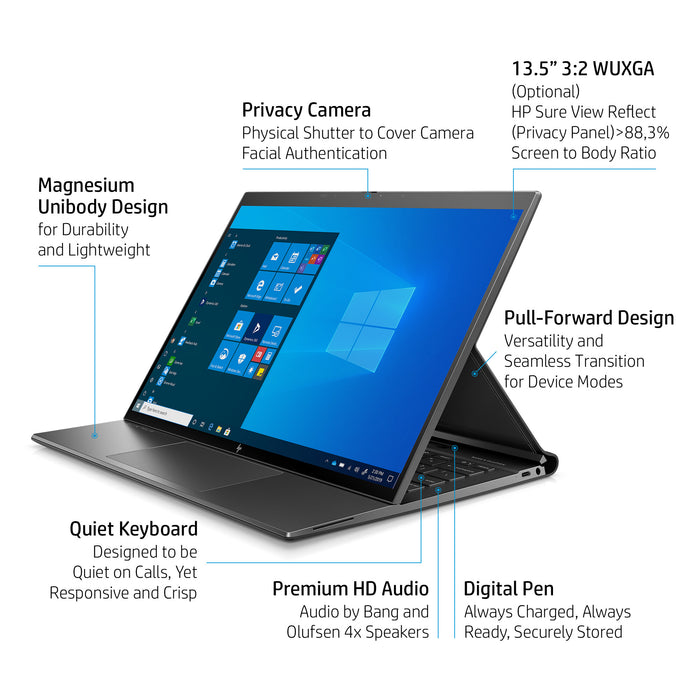 HP Elite Folio Hybrid (2-in-1) 34.3 cm (13.5) Touchscreen WUXGA+ Qualcomm Snapdragon 8CX 8 GB LPDDR4x-SDRAM 256 GB SSD Wi-Fi 5 (802.11ac) Windows 10 Pro Black HP