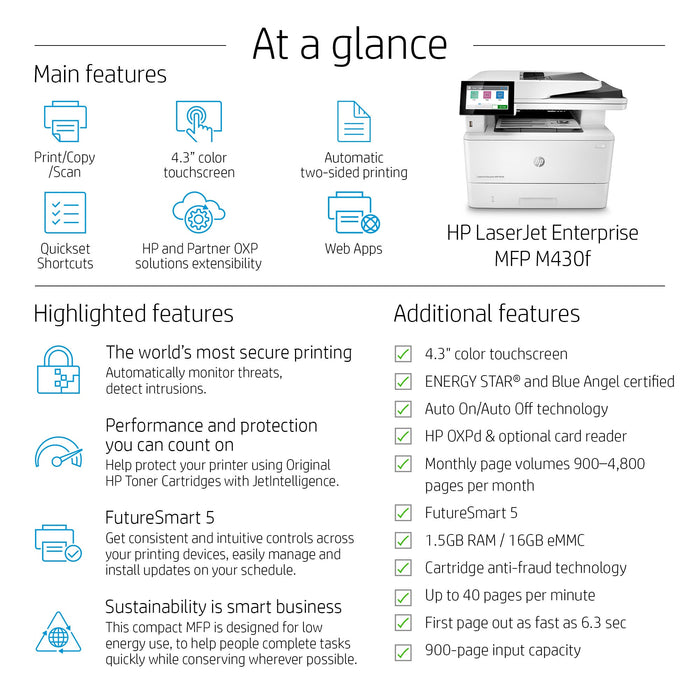 HP LaserJet Enterprise MFP M430f, Black and white, Printer for Business, Print, copy, scan, fax, 50-sheet ADF; Two-sided printing; Two-sided scanning; Front-facing USB printing; Compact Size; Energy Efficient; Strong Security