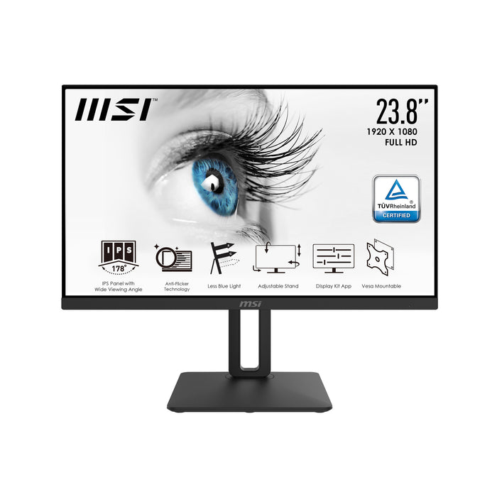MSI Pro MP242P 23.8 Inch Monitor with Adjustable Stand, Full HD (1920 x 1080), 75Hz, IPS, 5ms, HDMI, VGA, Built-in Speakers, Anti-Glare, Anti-Flicker, Less Blue light, TÜV Certified, VESA, Kensington, Black