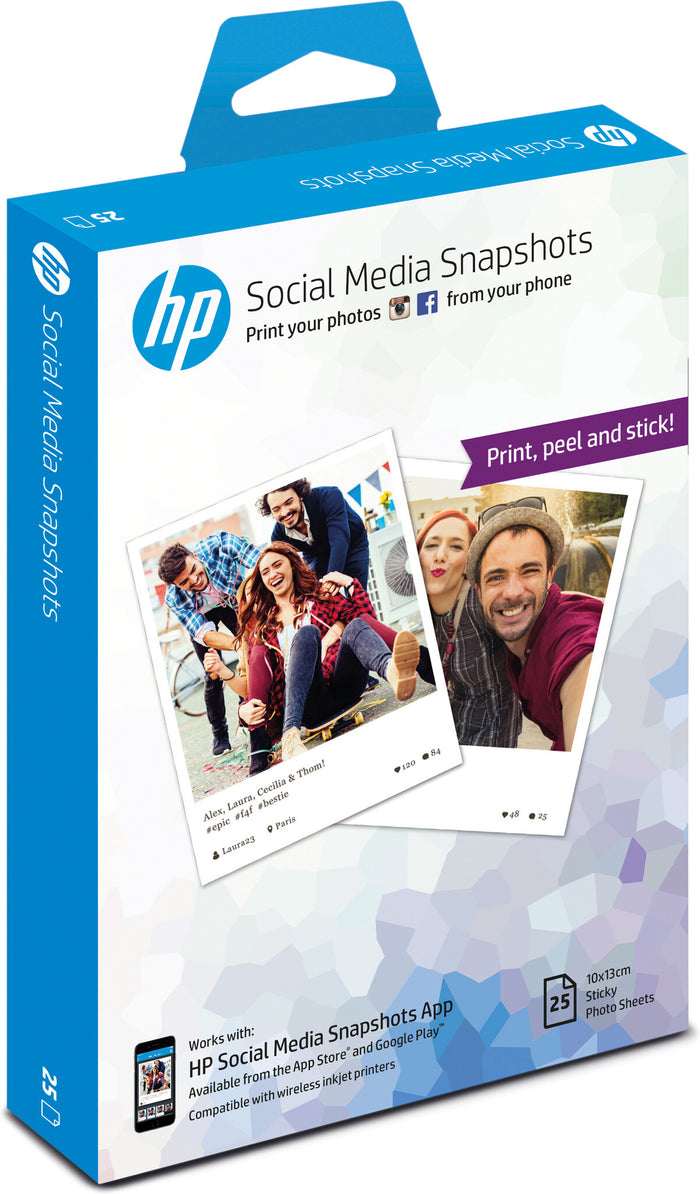 HP Social Media Snapshots Removable Sticky -25 sht/10 x 13 cm photo paper White Semi-gloss