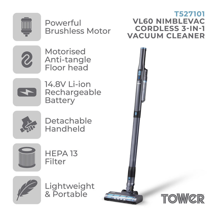 Tower VL60 Nimblevac Anti-Tangle Cordless Vacuum Cleaner with Brushless Motor