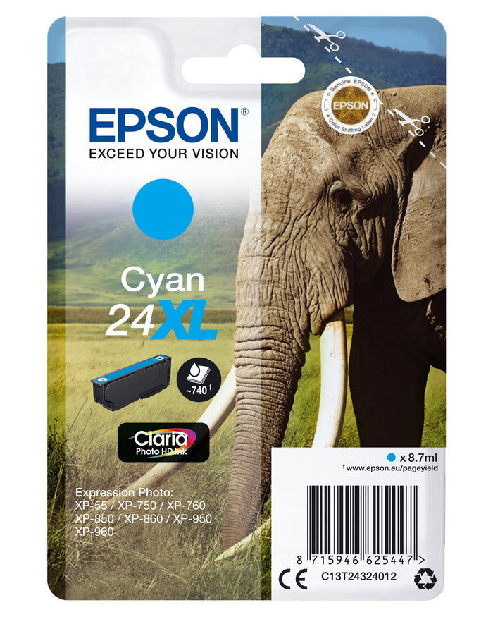 Epson Elephant Singlepack Cyan 24XL Claria Photo HD Ink Epson