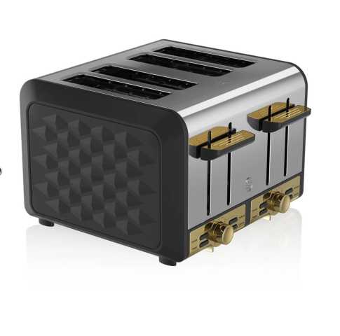 Swan Gatsby 4 Slice Metal Toaster Black and Gold Diamond Pattern Swan