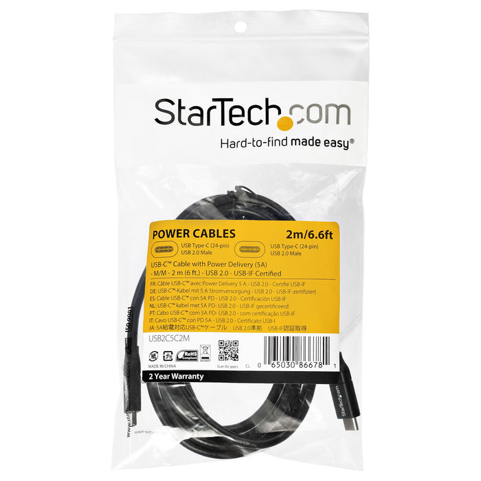 StarTech.com USB-C to USB-C Cable w/ 5A PD - M/M - 2 m (6 ft.) - USB 2.0 - USB-IF Certified