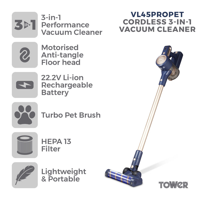 Tower VL45 Pro Pet Anti Tangle Cordless 3-in-1 Pole Vacuum