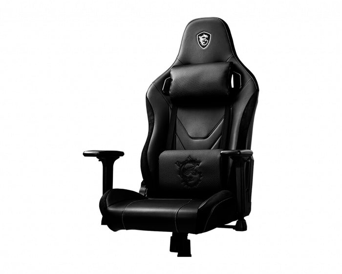 MSI MAG CH130X Gaming Chair Black with carbon fiber design with velvet trim, Carbon steel frame, Reclinable backrest, Adjustable 2D Armrests, foam, Ergonomic headrest pillow, Lumbar support cushion