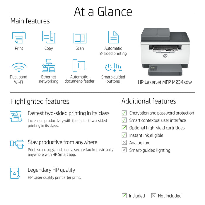 HP LaserJet MFP M234sdw Printer, Black and white, Printer for Small office, Print, copy, scan, Two-sided printing; Scan to email; Scan to PDF