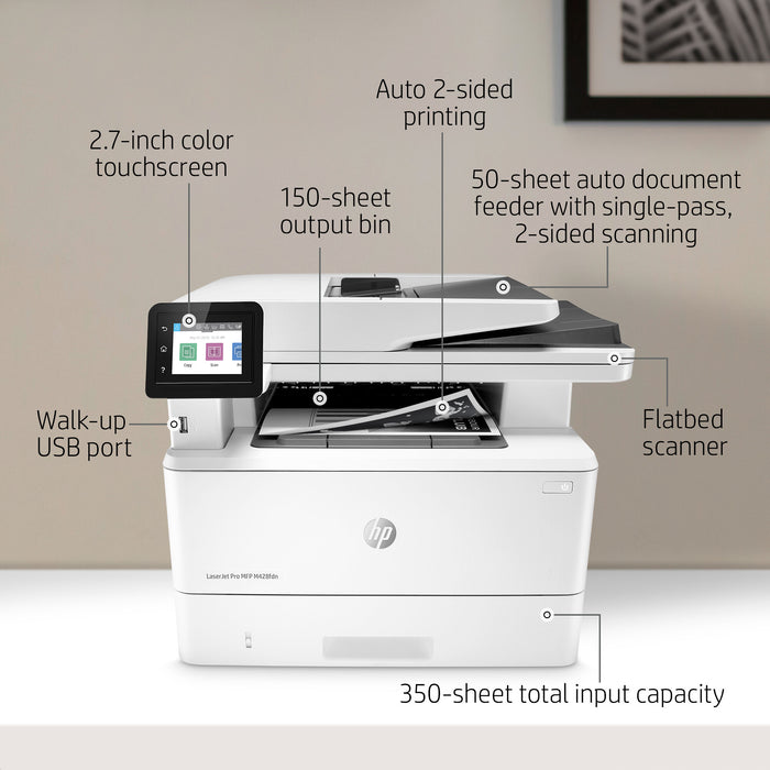 HP LaserJet Pro MFP M428fdn, Black and white, Printer for Business, Print, Copy, Scan, Fax, Email, Scan to email; Two-sided scanning