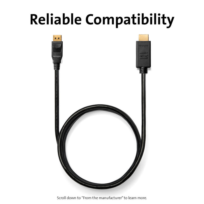 Kensington DisplayPort 1.2 (M) to HDMI (M) passive unidirectional cable, 1.8m (6ft)