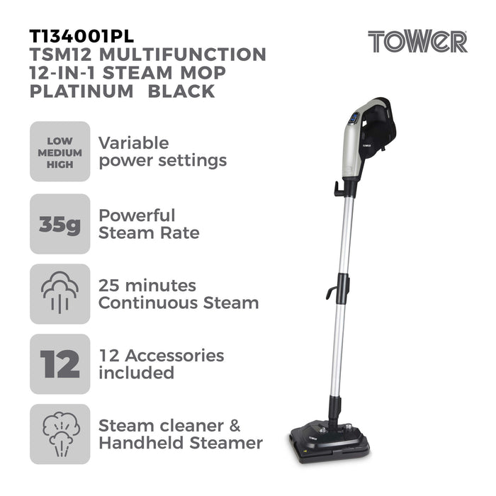 Tower T134001PL steam cleaner Steam mop 0.36 L 1300 W Black, Platinum