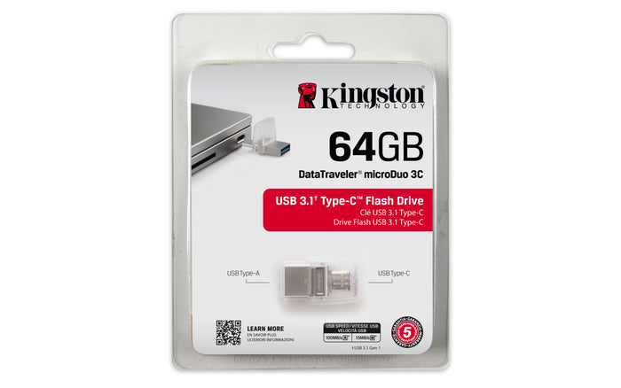 Kingston Technology DataTraveler microDuo 3C 64GB USB flash drive USB Type-A / USB Type-C 3.2 Gen 1 (3.1 Gen 1) Black