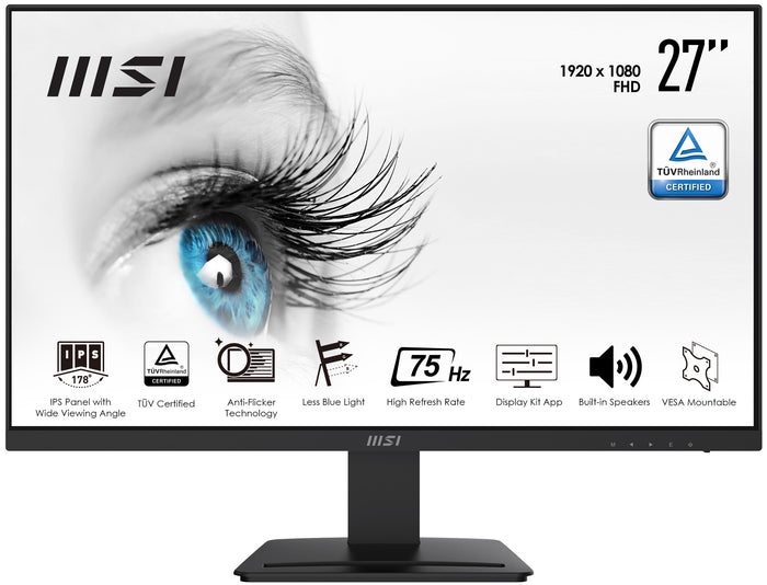 MSI Pro MP273 27 Inch Monitor, Full HD (1920 x 1080), 75Hz, IPS, 5ms, HDMI, DisplayPort, Built-in Speakers, Anti-Glare, Anti-Flicker, Less Blue light, TÜV Certified, VESA, Kensington, Black