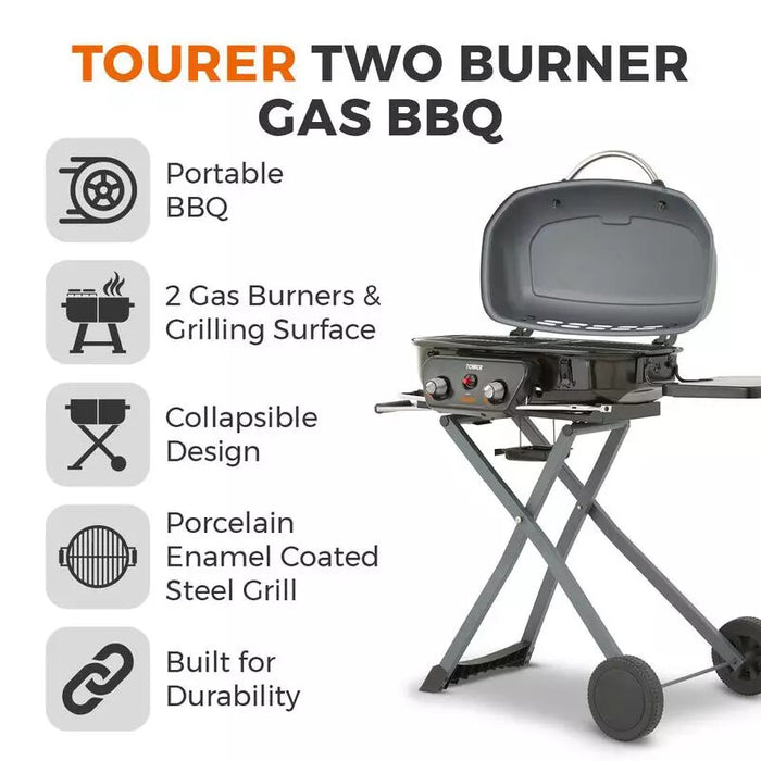 Tower Tourer Two Burner Portable Gas BBQ Barbecue Cooking station Black Tower