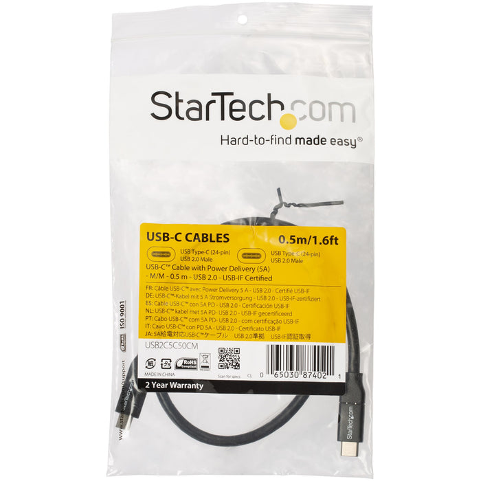 StarTech.com USB-C to USB-C Cable w/ 5A PD - M/M - 0.5 m - USB 2.0 - USB-IF Certified